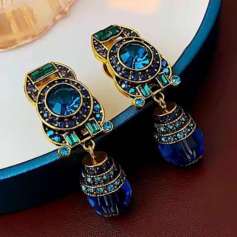 Vintage Gold Multicolor Stone Clip On Earrings - Picture 5 of 6